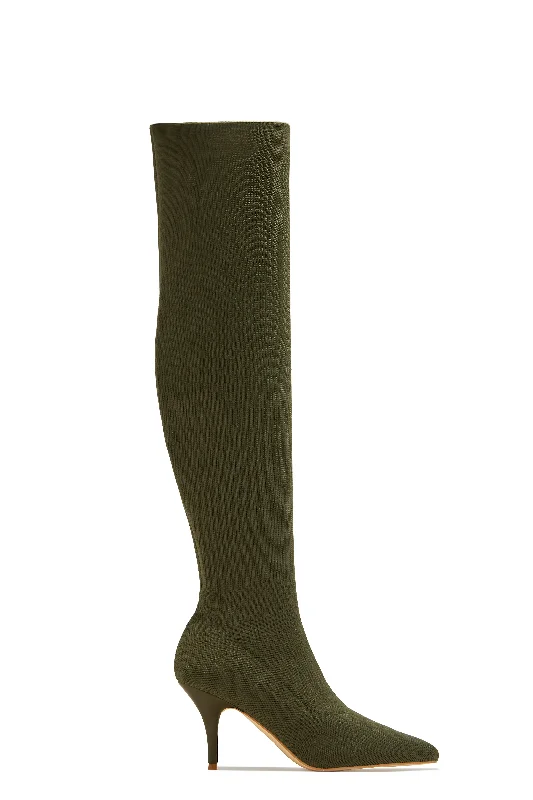 Evie Over The Knee Heel Boots - Green Mod Oxford Design  