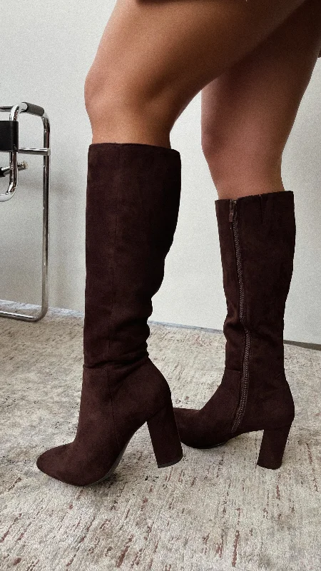 Fine Time Block Heel Knee High Boots - Brown Suede Business Monk Strap Style  