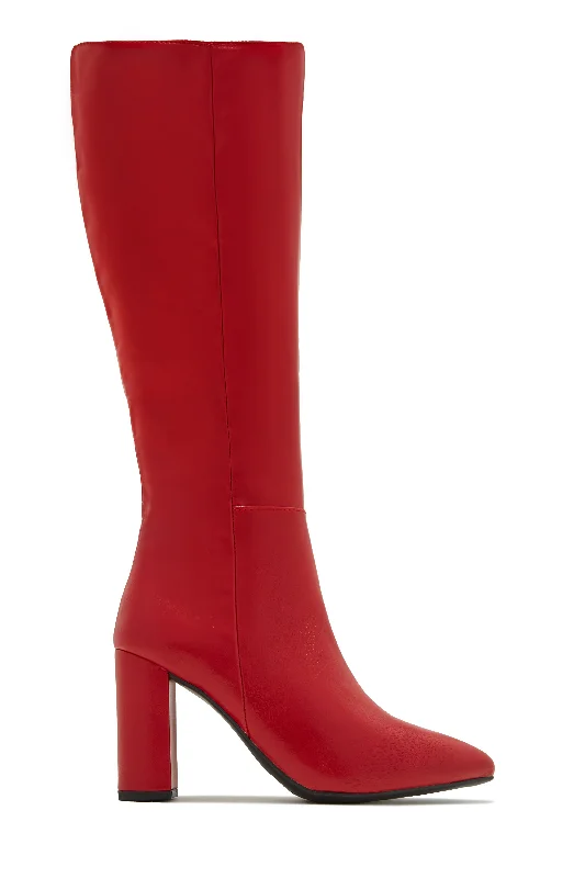 Fine Time Block Heel Knee High Boots - Red Metallic Trim Shoe Design  
