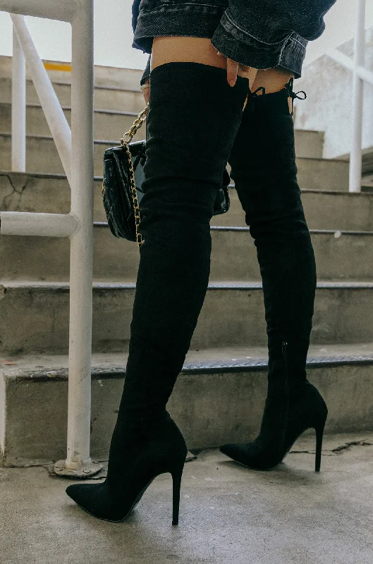 Groundbreaking Over The Knee High Heel Boots - Black Tech - Inspired Sneaker Look  