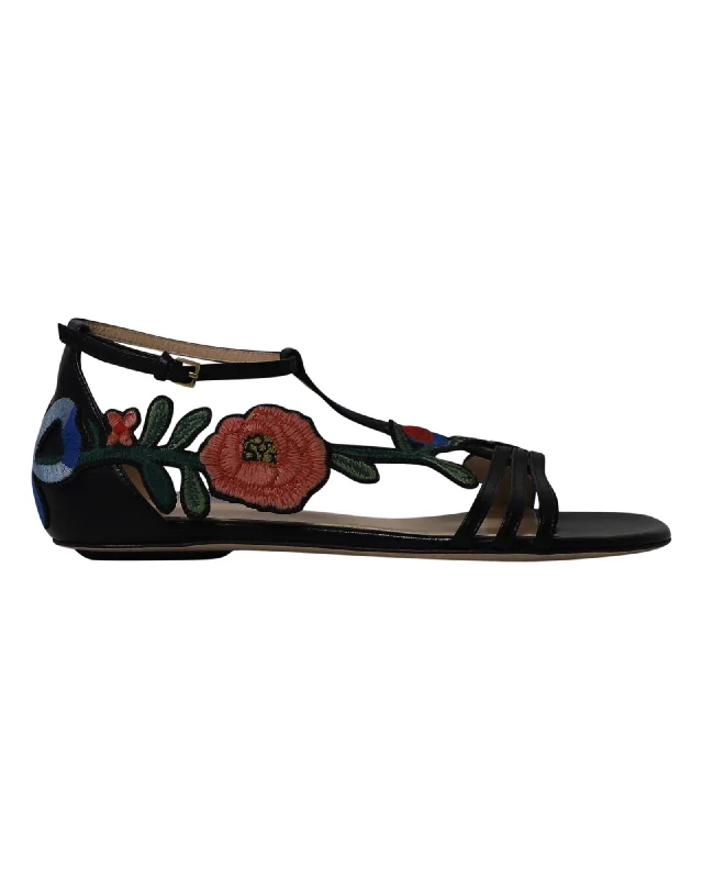 Gucci Ophelia Floral-Embroidered Flat Sandals in Black Leather Tassel Driving Shoe Look 