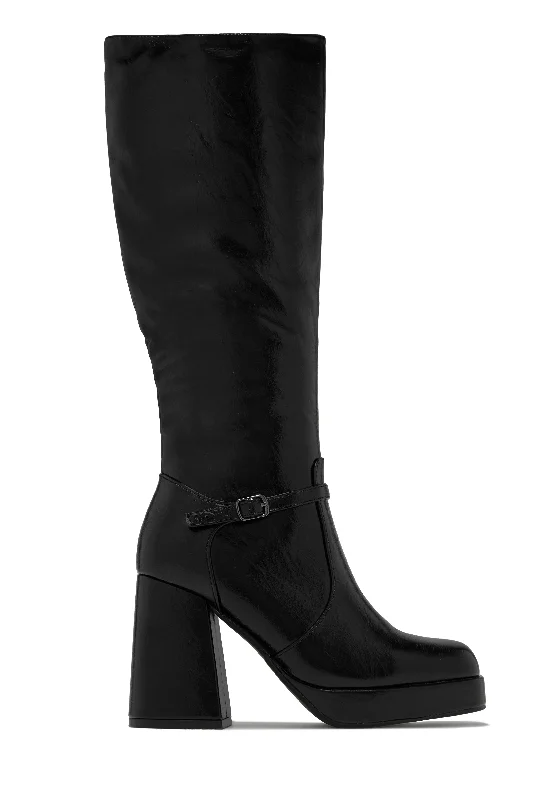 Hazelle Platform Block Heel Boots - Black Pat Hemp - Material Shoe Style  