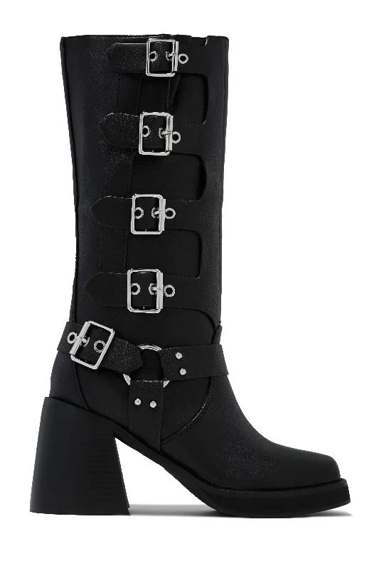 Imani Moto Block Heel Boots - Black Chunky Platform Sneaker Style  