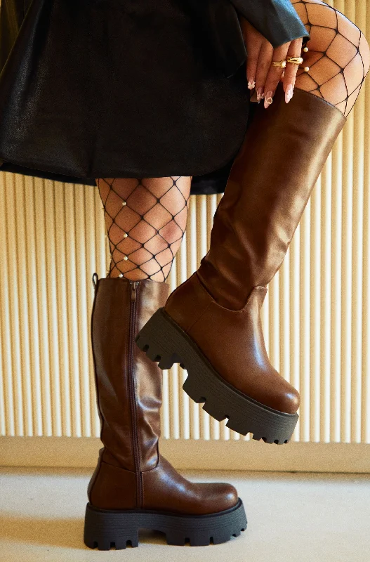 Jacquelyn Below The Knee Boots - Brown Blue Coast Loafer Aesthetic 