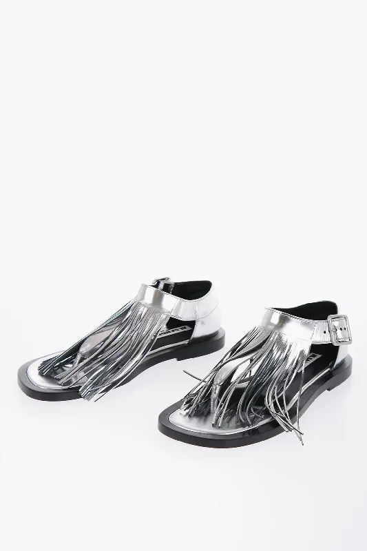 Jil Sander Fringed Leather Sandals With Buckle Comfortable Derby Style  