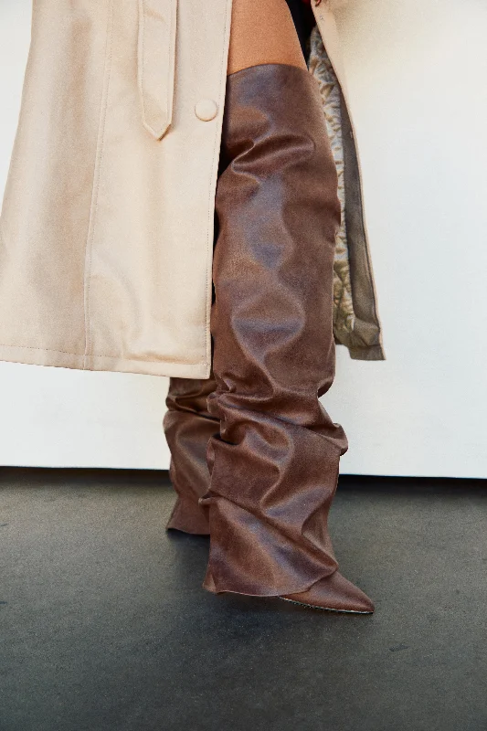 Kimana Ruched Shaft Heel Boots - Brown Memory - Foam Slipper Look  