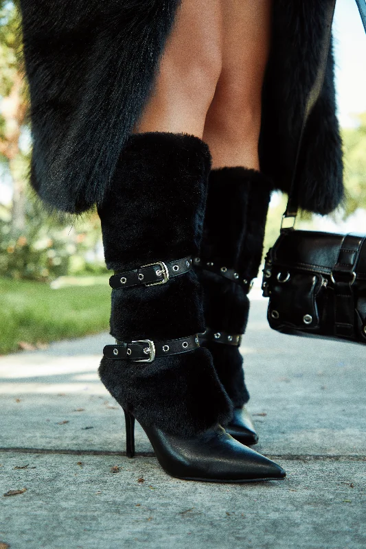 Kyla Faux Fur Heel Boots - Black Loose - Fit Slipper Style  