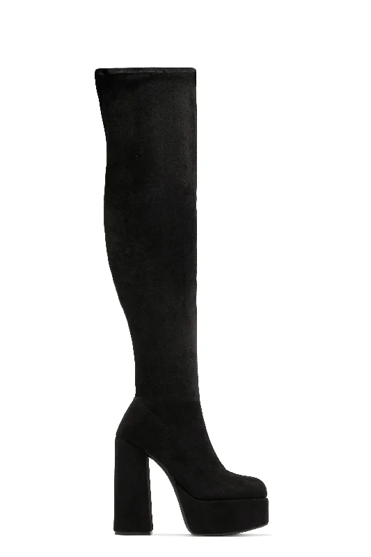 Lachelle Block Heel Platform Over The Knee Boots - Black Single - Buckle Monk Look  