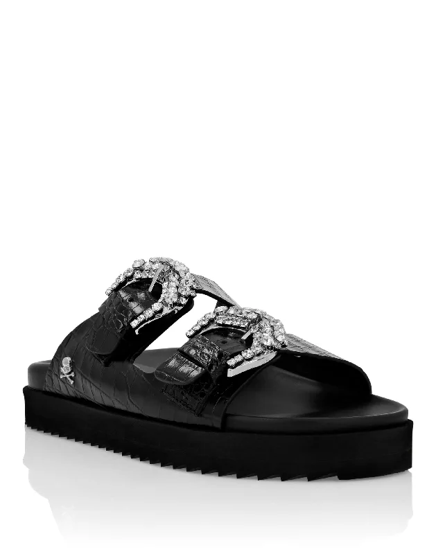 Leather Sandals Cocco Print Skull Upcycled Shoe Look  