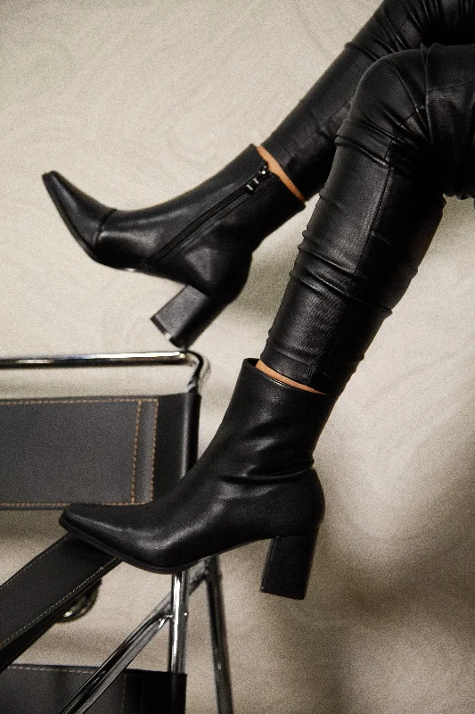 Lorette Block Heel Ankle Boots - Black Single - Buckle Monk Look  