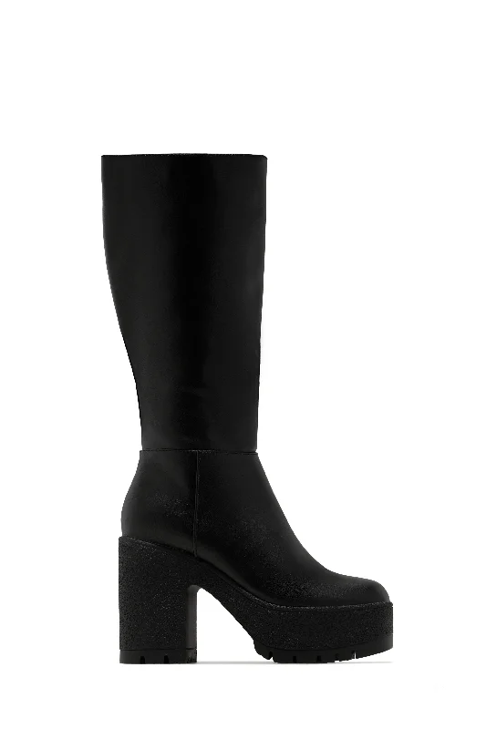 Maddie Block Heel Platform Knee High Boots - Black Zip - Up Boot Style  