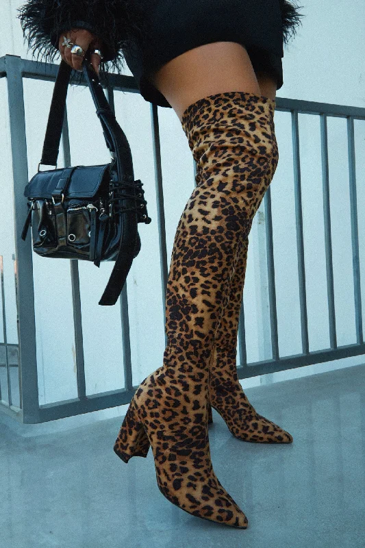 Make A Statement Block Heel Over The Knee Boots - Tan Leopard Chunky Platform Sneaker Style  