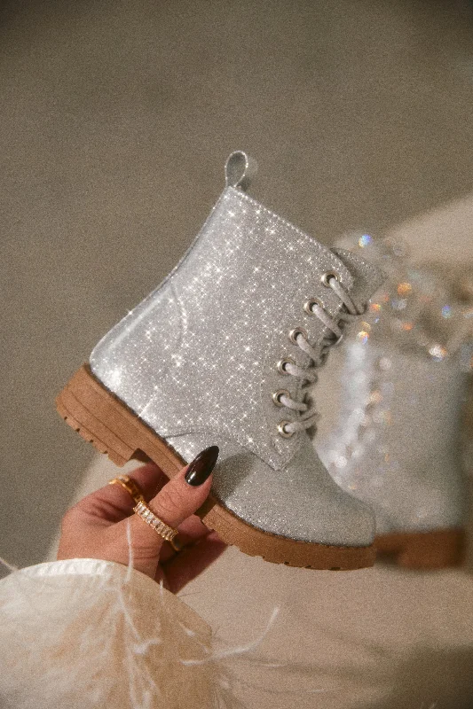 Mini Attitude Kids Glitter Lace Up Combat Boots - Silver Retro Plimsoll Style  