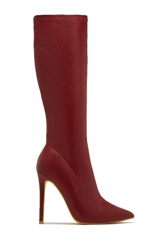 So Dramatic Knee High Heel Boots - Wine Dressy Chelsea Boot Style 