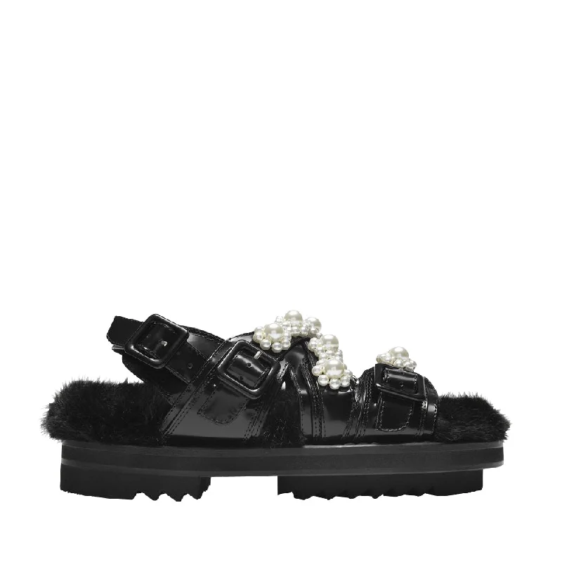 Multi-Strap Track Sandal in Black Pearl Leather Leather Driving Shoe Style  