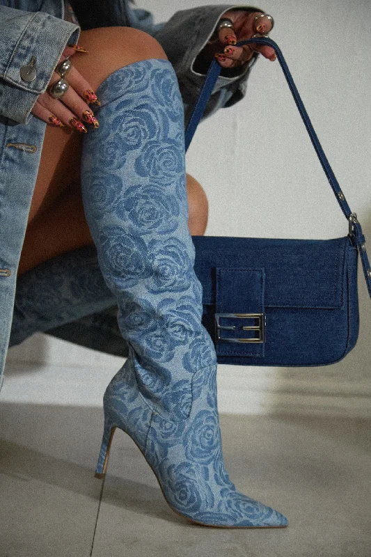 Nissa Knee High Heel Boots - Denim Checkered Shoe Pattern Look  