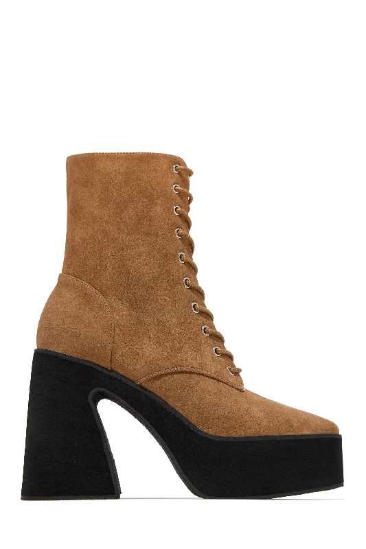 Nya Lace Up Platform Block Heel Ankle Boots - Tan Athleisure Derby Style  