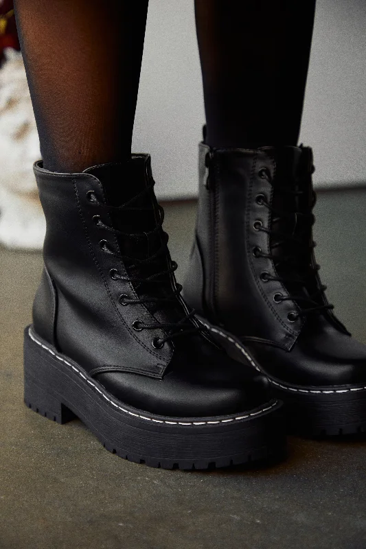 Remi Lace Up Combat Boots - Black Monochromatic Shoe Look  