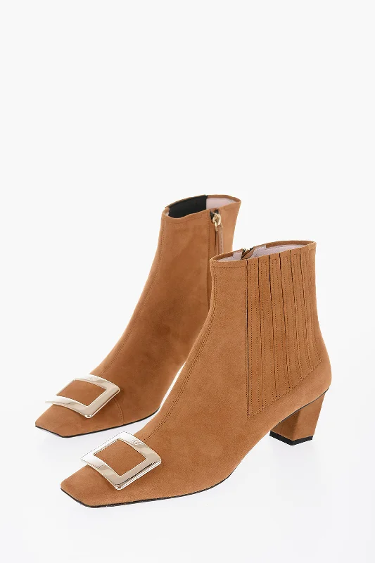 Roger Vivier Suede Belle Ankle Boots With Metallic Buckle 5Cm Checkered Shoe Pattern Look  