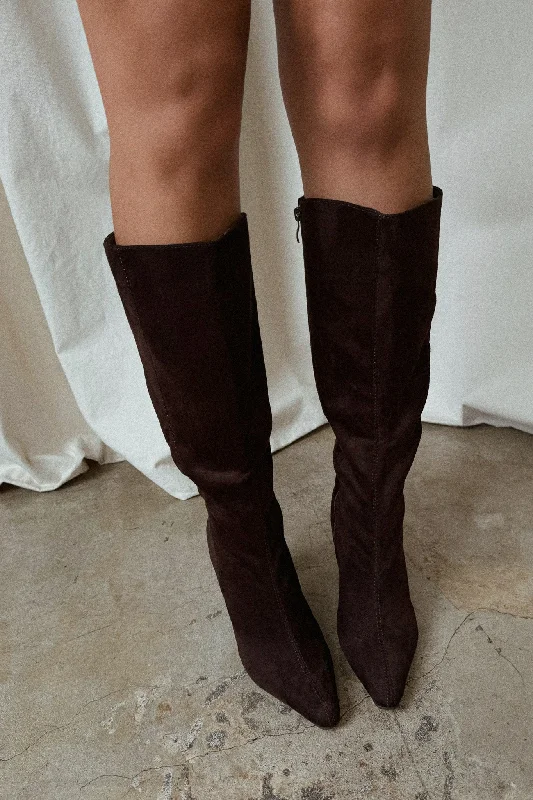 Stella Knee High Heel Boots - Brown Combat - Inspired Military Boot Look  