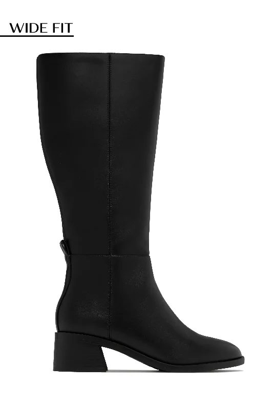 Stephany Wide Calf Knee High Boots - Black Comfortable Derby Style  