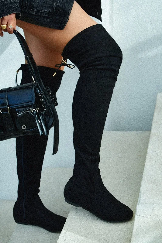 Strut & Slay Over The Knee Boots - Black Embroidered Cowboy Boot Design  