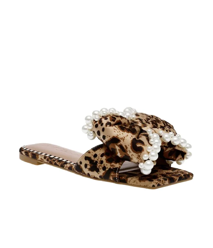 Women Liah Bow Sandals With Pearls In Leopard Beaded Moccasin Design 