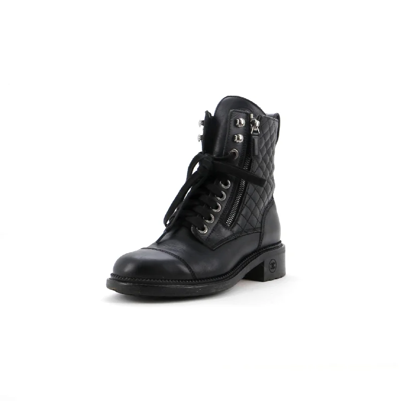 Women's CC Zip Up Combat Boots Quilted Leather Chunky Platform Sneaker Style  