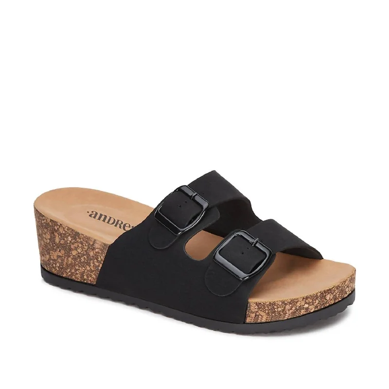Women's Comfort Footbed Wedge Double Buckle Sandal In Black Open - Lacing Derby Look  