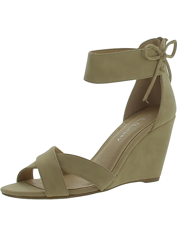 Womens Faux Leather Ankle Strap Wedge Sandals Retro Plimsoll Style  