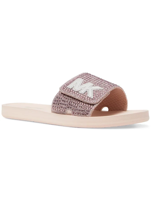 Womens Rhinestone Pool Slide Sandals Striped Shoe Style  