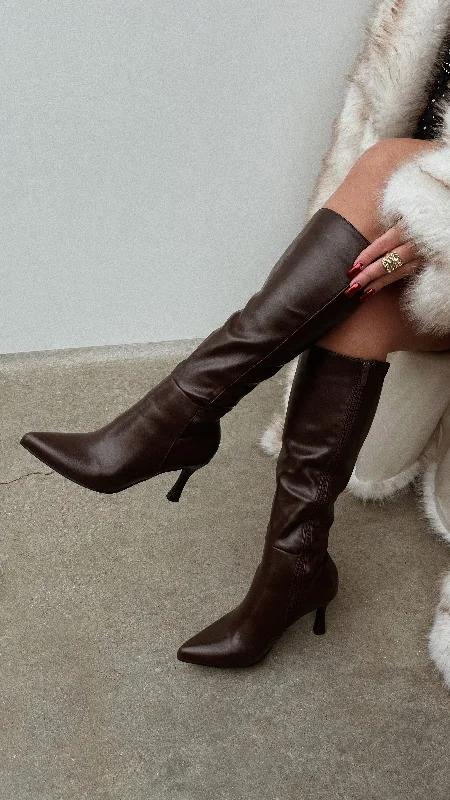 Zama Knee High Heel Boots - Brown Tailored Oxford Style 